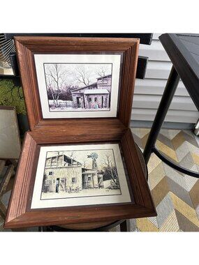 Robert Nidy Prints vintage Barn Prints Set of 2 Country Barn Wood Frame 11 x 13